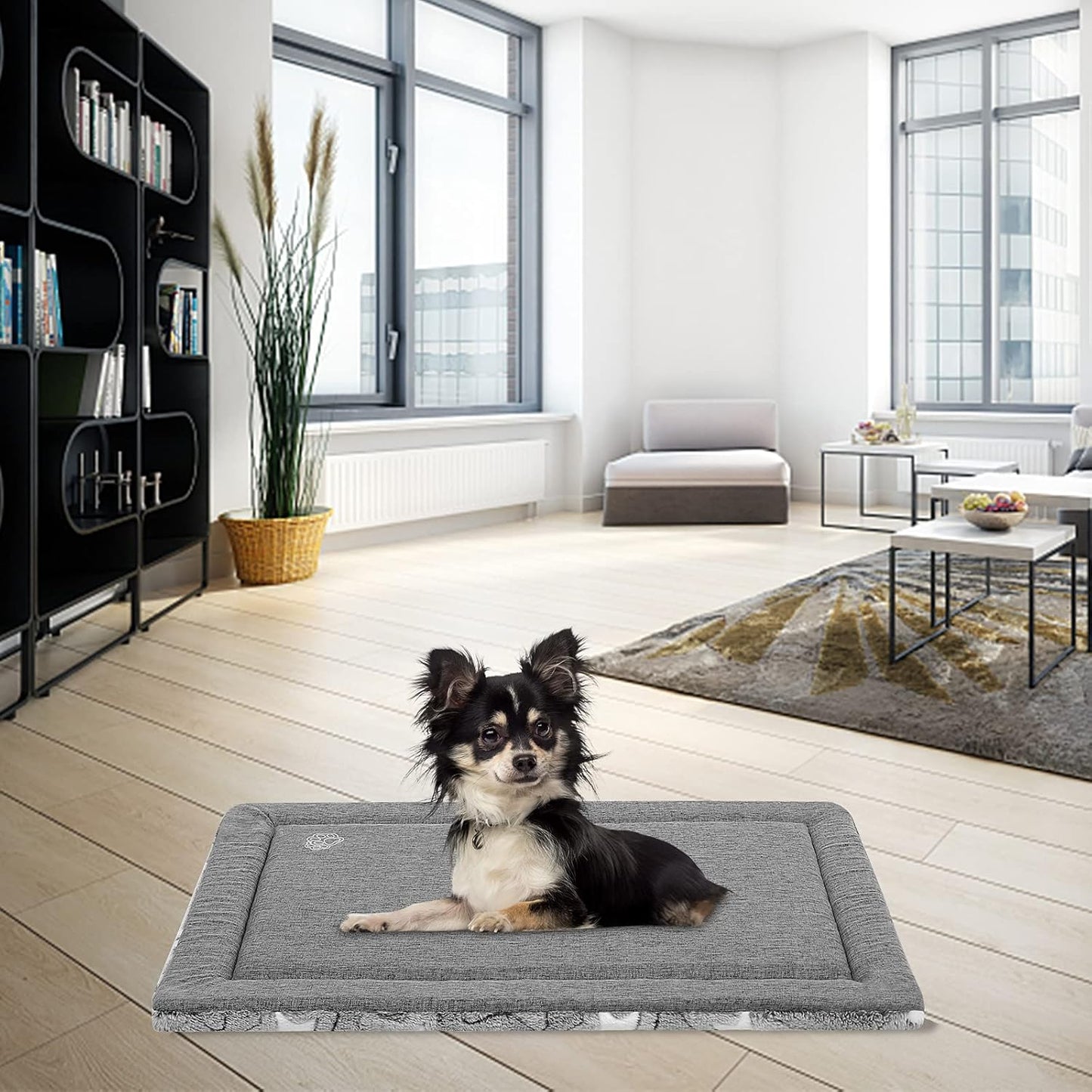 Dog Bed Mat for Dog Cage (61 * 46 * 2.8Cm), Dog Bed Pad Reversible (Cool & Warm), Machine Washable, Pet Sleeping Mat for Small Dogs, Grey, Star Pattern