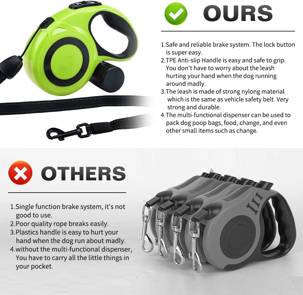 Retractable Dog Leash with Dispenser and Poop Bags, Pet Walking Leash for Largel Dog or Cat, Anti-Slip Soft Handle, Tangle Free, Reflective Nylon Tape(White, 8 Meters, Max Load 40KG)