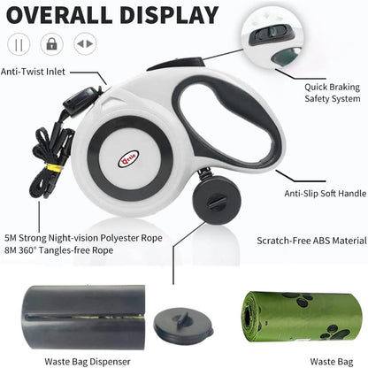 Retractable Dog Leash with Dispenser and Poop Bags, Pet Walking Leash for Largel Dog or Cat, Anti-Slip Soft Handle, Tangle Free, Reflective Nylon Tape(White, 8 Meters, Max Load 40KG)