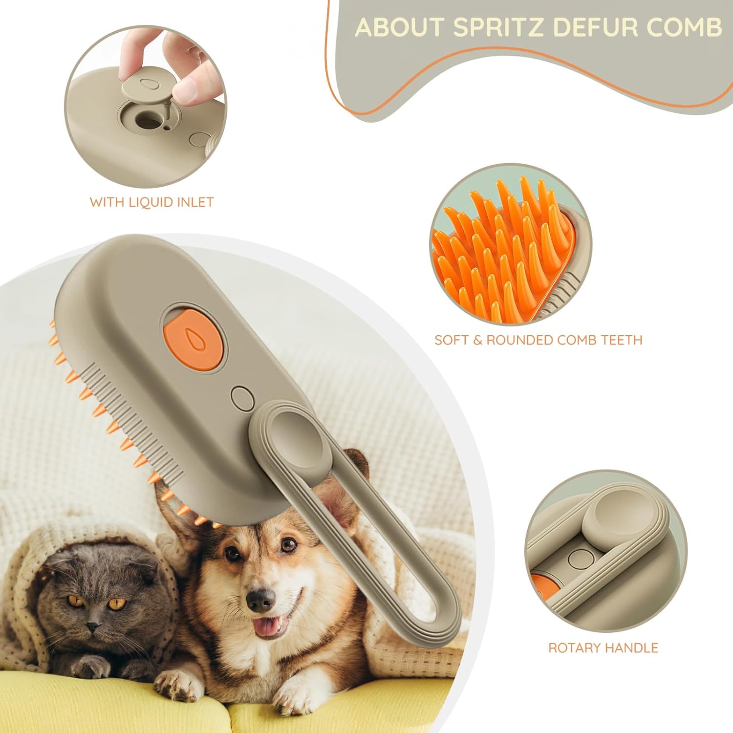 Innovative 3-in-1 Dog/Cat Steam Brush – Patent-Protected Grooming & Detangling Comb for Cats & Dogs - 360 degree rotating arm