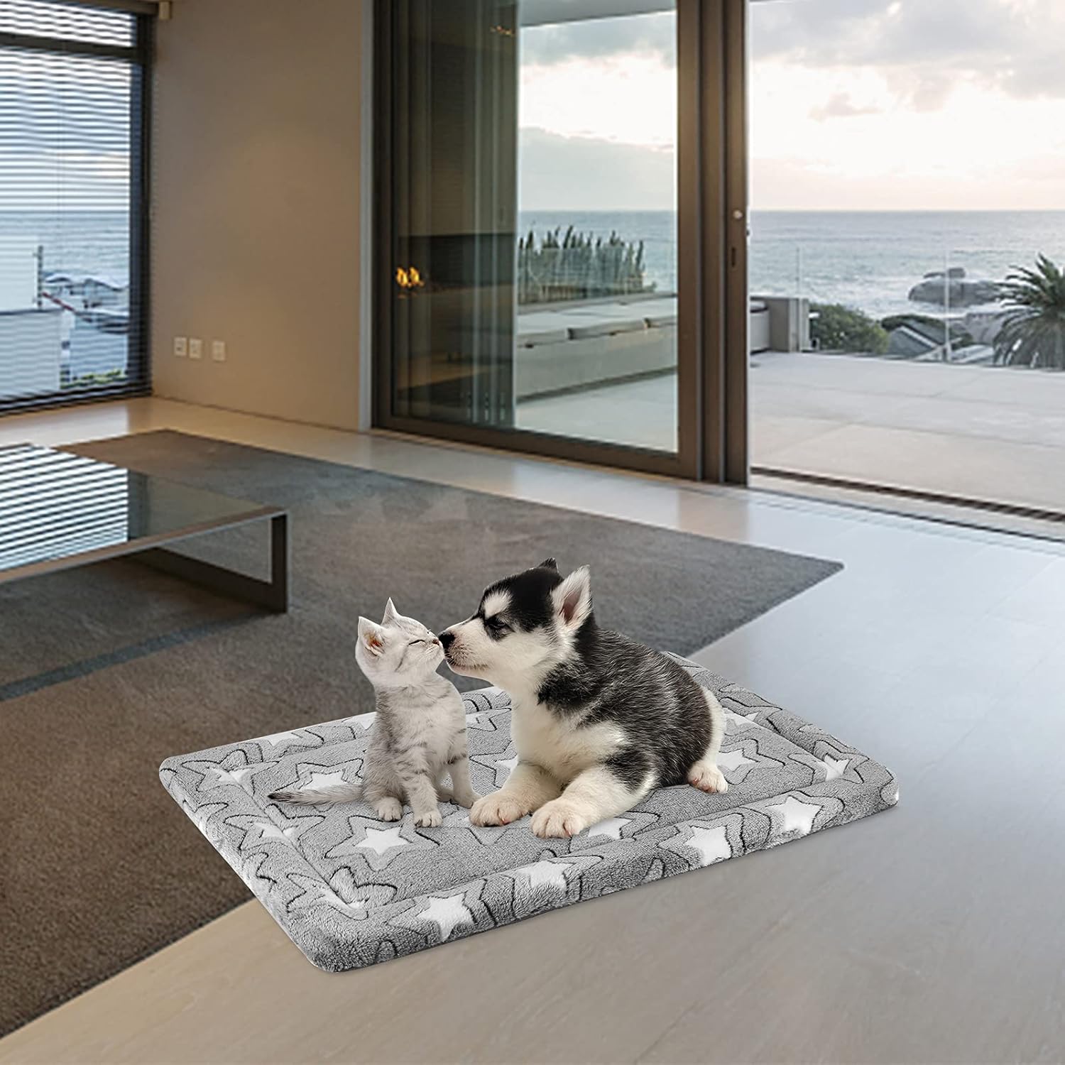 Dog Bed Mat for Dog Cage (61 * 46 * 2.8Cm), Dog Bed Pad Reversible (Cool & Warm), Machine Washable, Pet Sleeping Mat for Small Dogs, Grey, Star Pattern