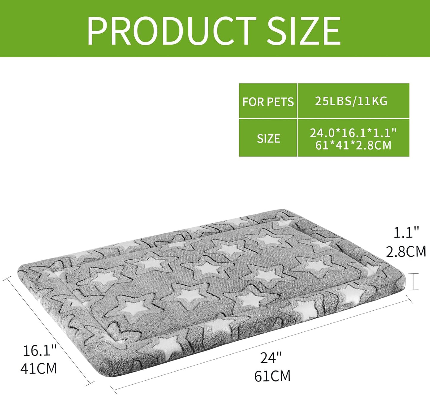 Dog Bed Mat for Dog Cage (61 * 46 * 2.8Cm), Dog Bed Pad Reversible (Cool & Warm), Machine Washable, Pet Sleeping Mat for Small Dogs, Grey, Star Pattern
