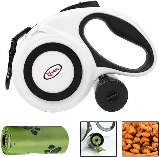 Retractable Dog Leash with Dispenser and Poop Bags, Pet Walking Leash for Largel Dog or Cat, Anti-Slip Soft Handle, Tangle Free, Reflective Nylon Tape(White, 8 Meters, Max Load 40KG)
