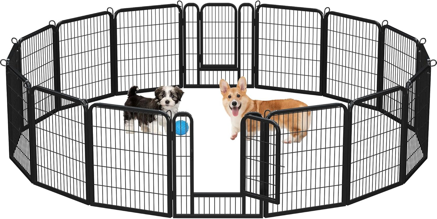 32-Inch Heavy Duty Dog Pen- Foldable Metal 16 Panel Dog Pen Dog Exercise Pen Barrier Kennel Portable Cat Duck Chicken Puppy Fence with Door Outdoor & Indoor Black