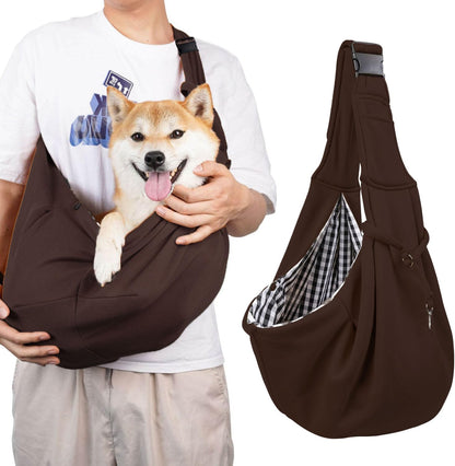 Dog Carrier Sling, Adjustable Cat Carrier Sling Hands Free Reversible Pet Carrier Sling Soft Pouch and Tote Design, Suitable for Outdoor Travel Puppy and Cats for Outdoor Travel (Brown)