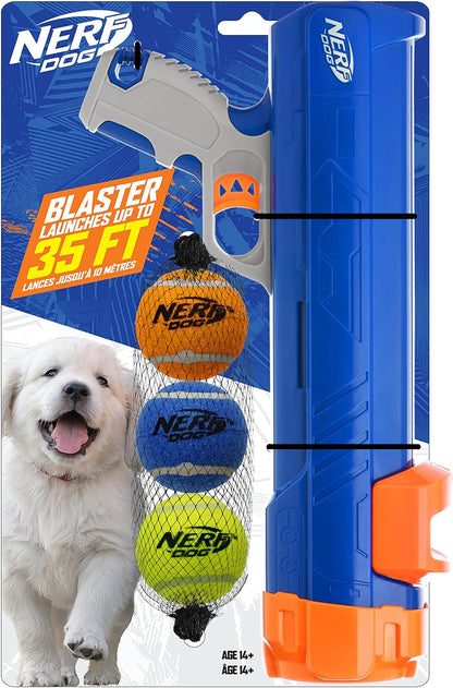 12In Blaster W/O Ball Clip 3 2In Squeak Tennis Balls - Opaque Blue/Orange/Gray and Orange and Blue and Green