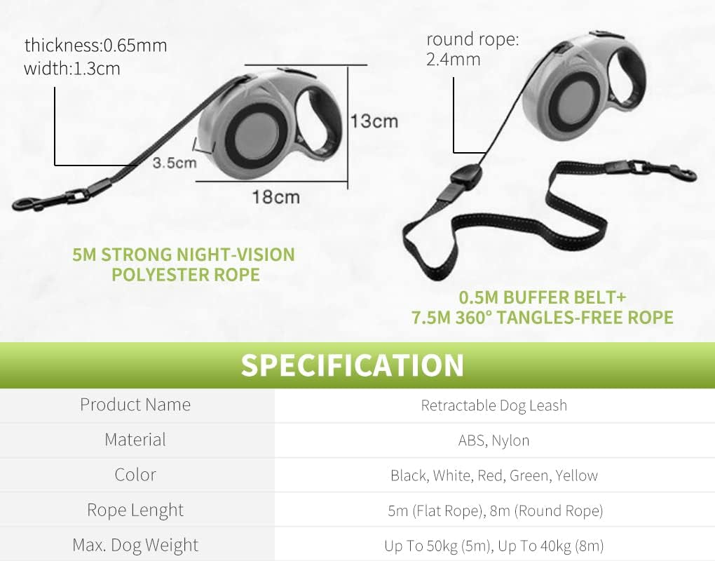 Retractable Dog Leash with Dispenser and Poop Bags, Pet Walking Leash for Largel Dog or Cat, Anti-Slip Soft Handle, Tangle Free, Reflective Nylon Tape(White, 8 Meters, Max Load 40KG)