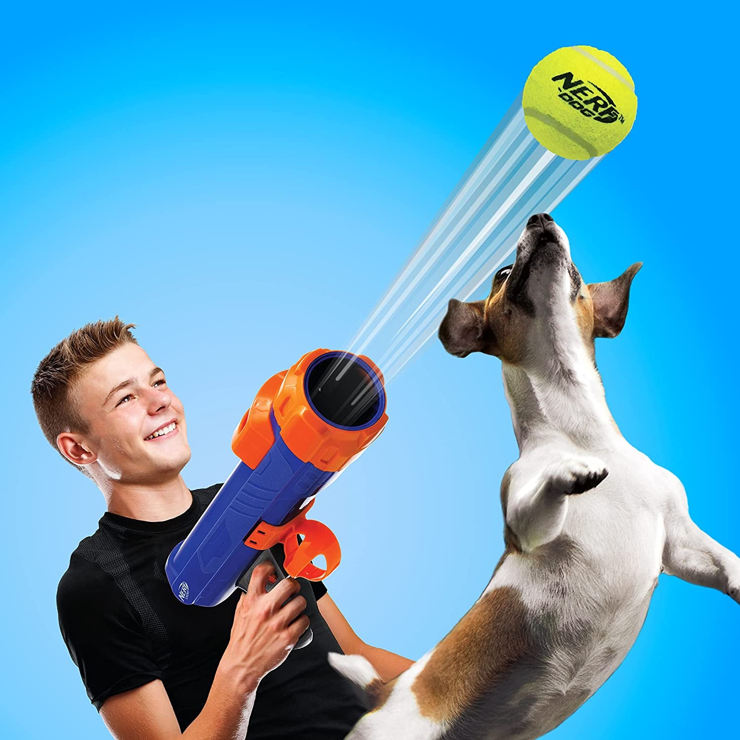 12In Blaster W/O Ball Clip 3 2In Squeak Tennis Balls - Opaque Blue/Orange/Gray and Orange and Blue and Green